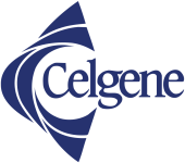 A blue and green logo for celgene.